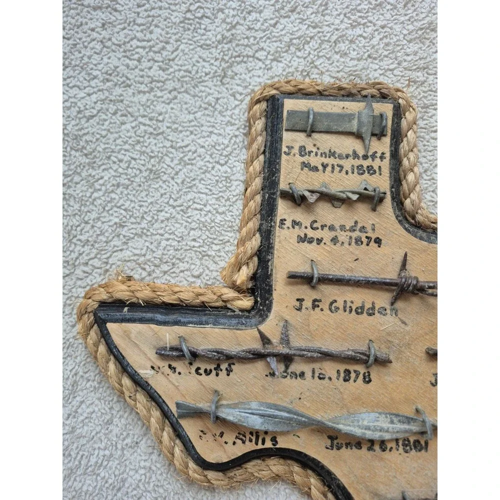 Vintage Texas Shaped Barbed Wire Patent Sample Folk Art Western Ranch Decor